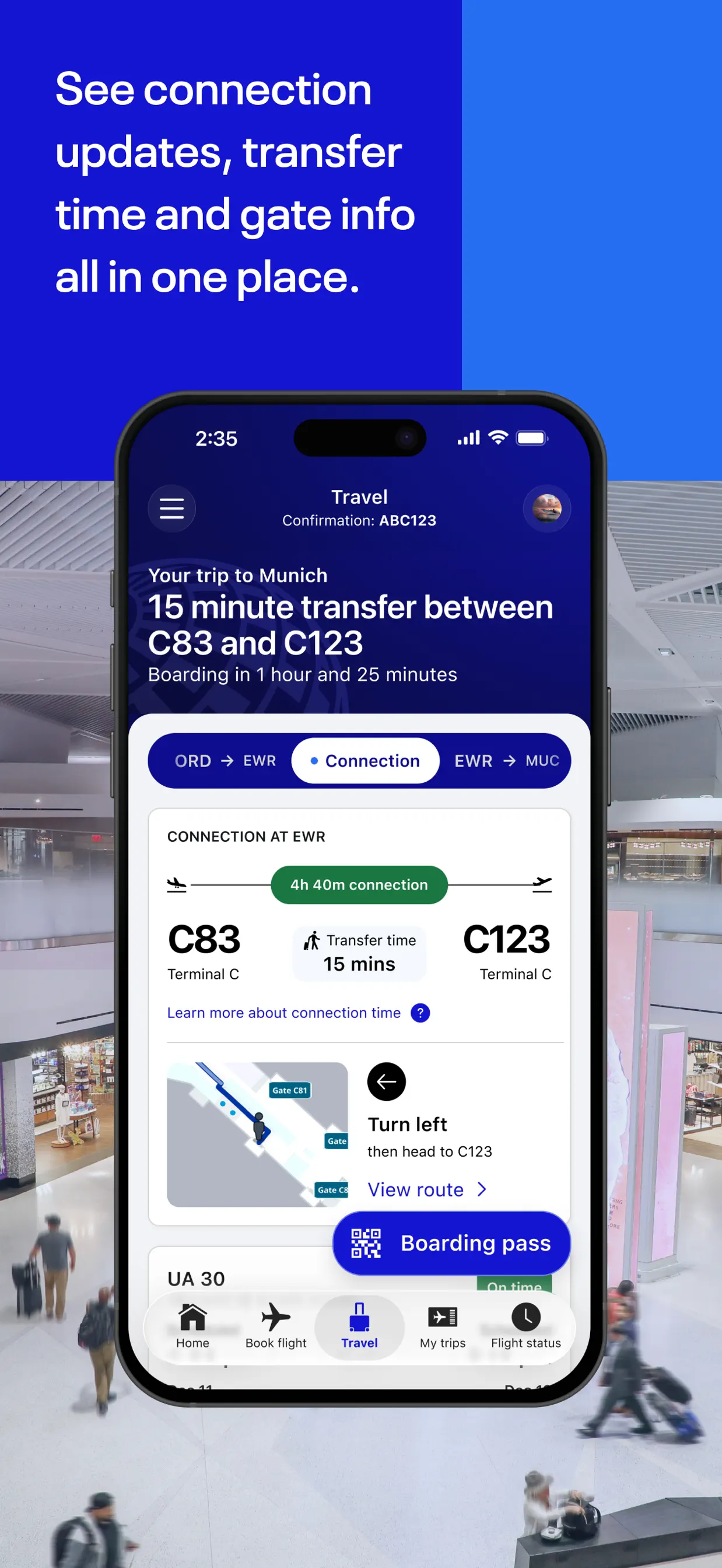 United app connection and gate guidance screen