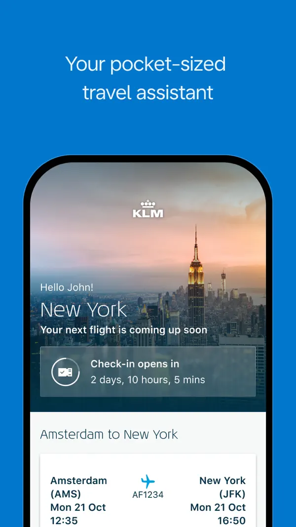 KLM app upcoming flight screen
