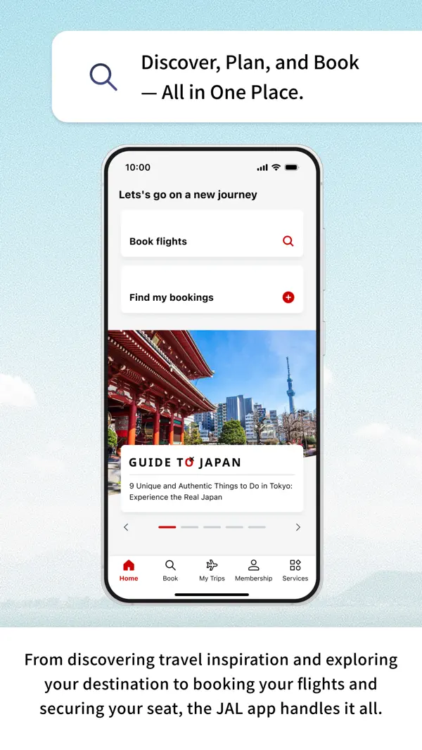Japan Airlines app discover and booking screen