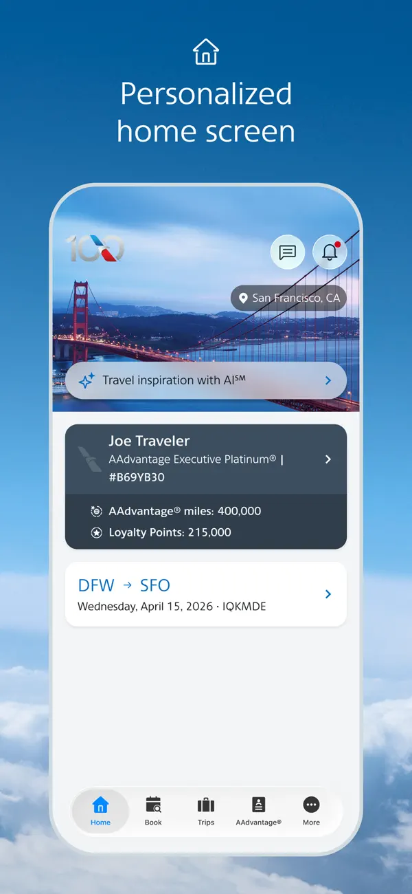 American Airlines app home screen