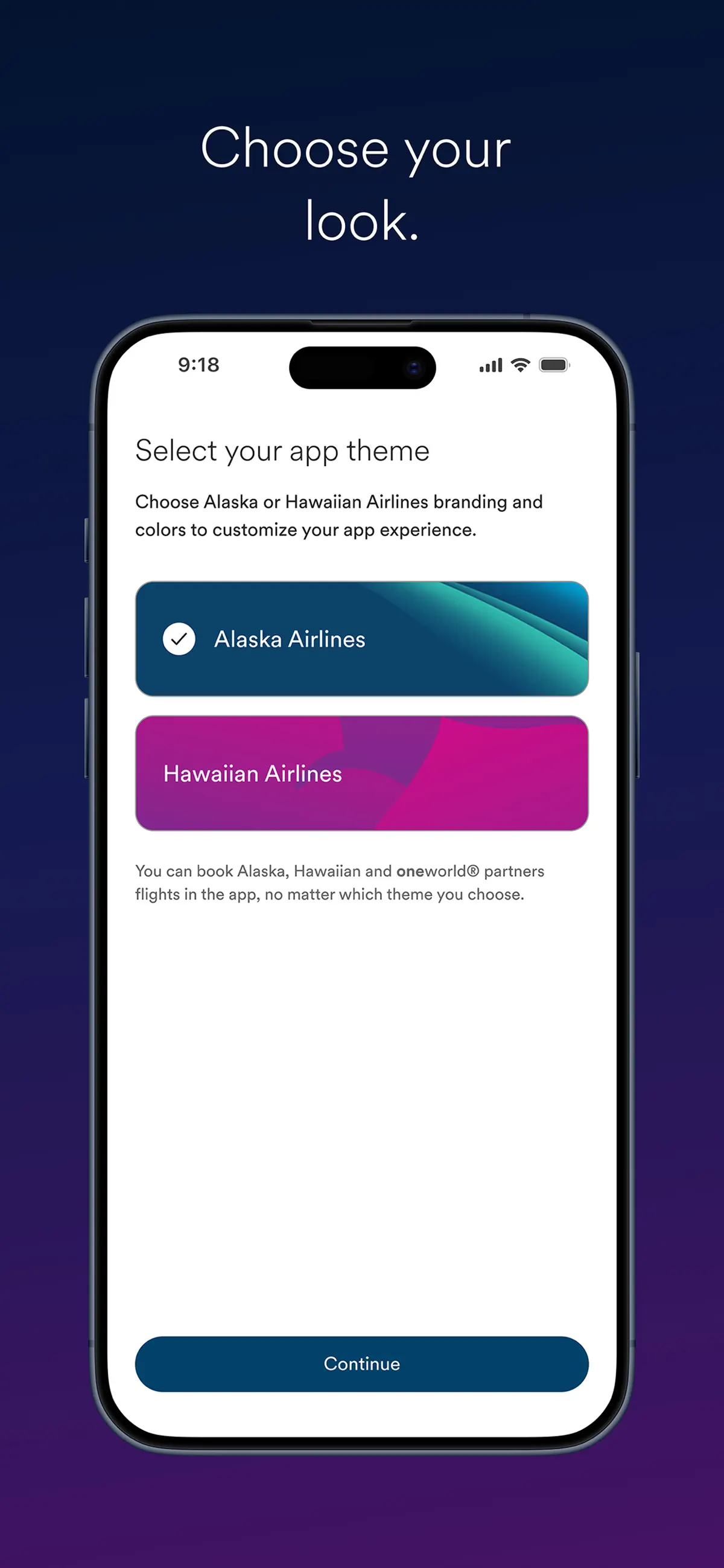 Alaska Hawaiian app theme chooser for Alaska Airlines and Hawaiian Airlines